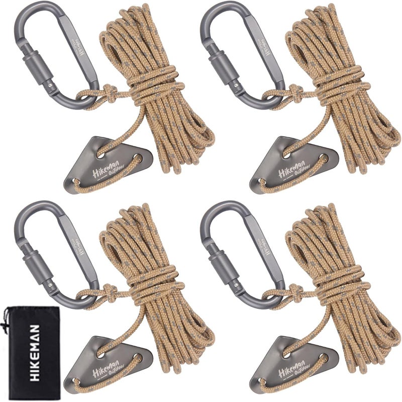 HIKEMAN 4 Pack Camping Rope with Locking Carabiner Clip,4mm Reflective Guy Lines with Triangular Guyline Adjuster Tensioner,Nylon Cord for Tent Tarp Tie Down,Hiking,Backpacking - Image 1
